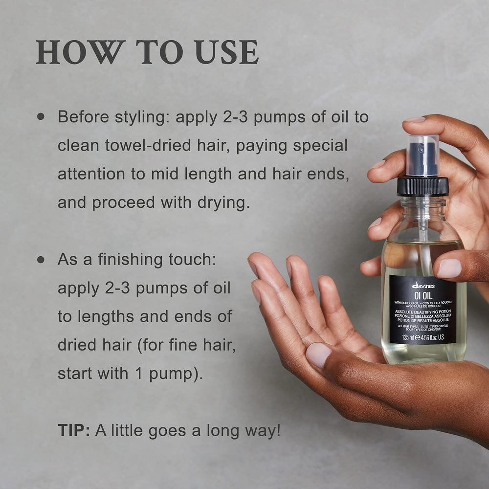 Davines OI Oil before and after ends illustrating reduced frizz and smoother benefit
