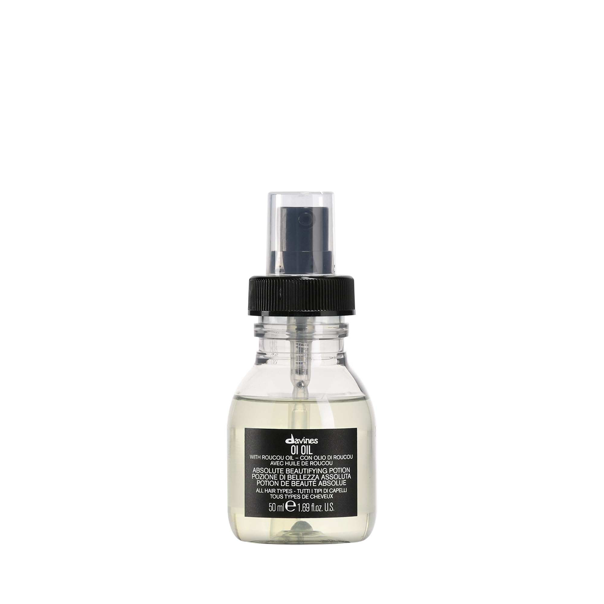 Davines OI Oil travel front bottle shows compact convenience and shine benefit