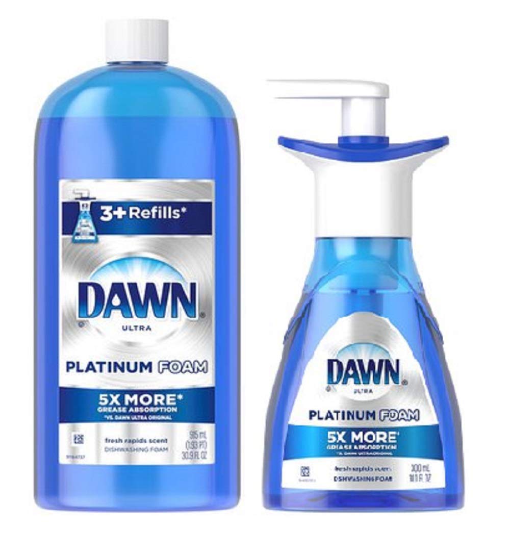 Dawn Platinum front pump bottle with refill showing cleaning power