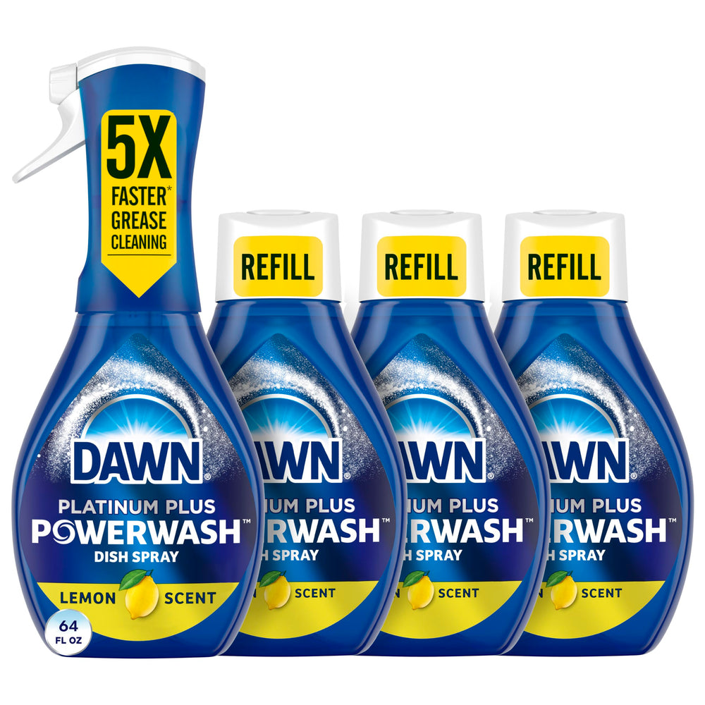 Dawn Powerwash front packaging showing spray bottle and lemon refills for fast grease removal