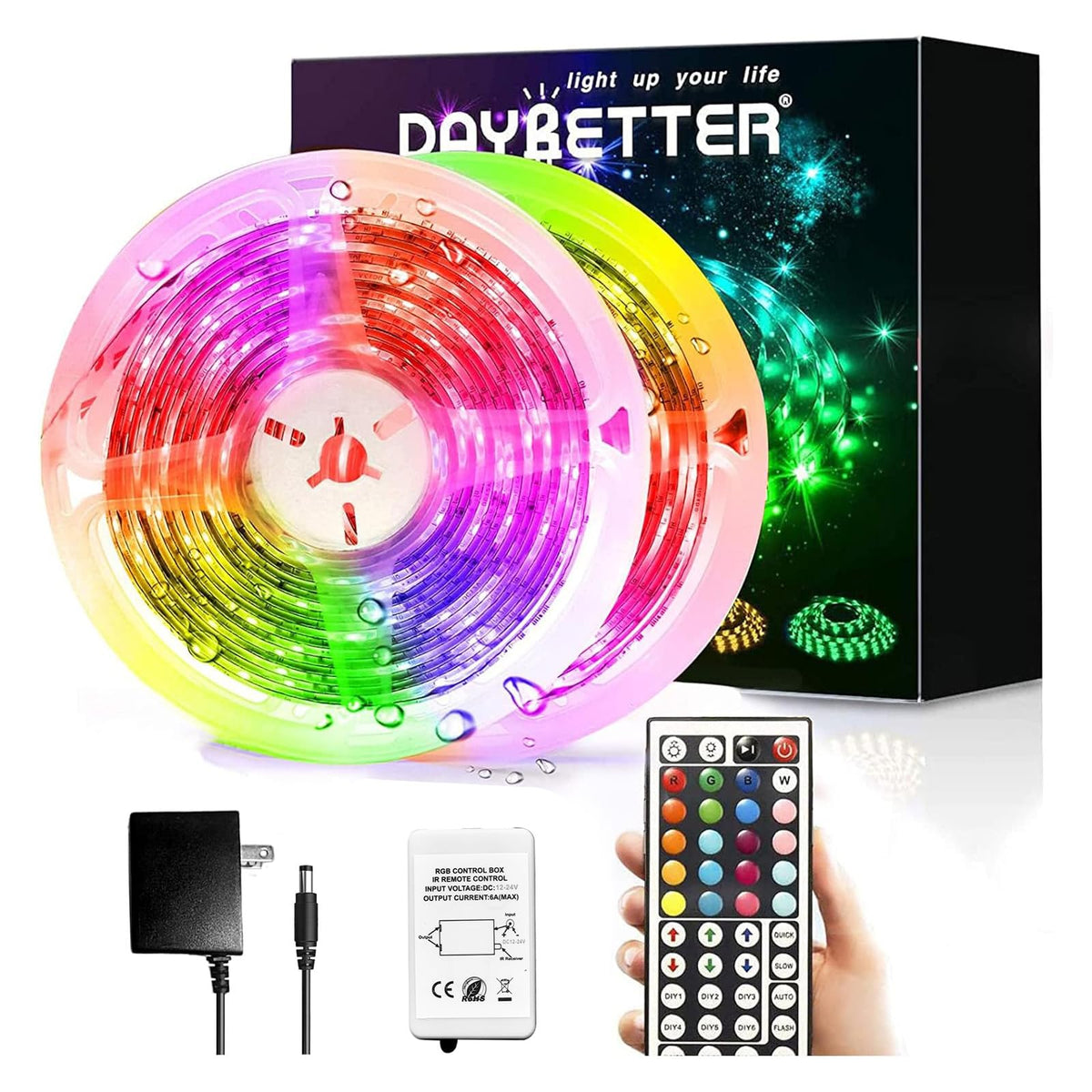 DAYBETTER front packaging showing full waterproof LED strip kit benefits