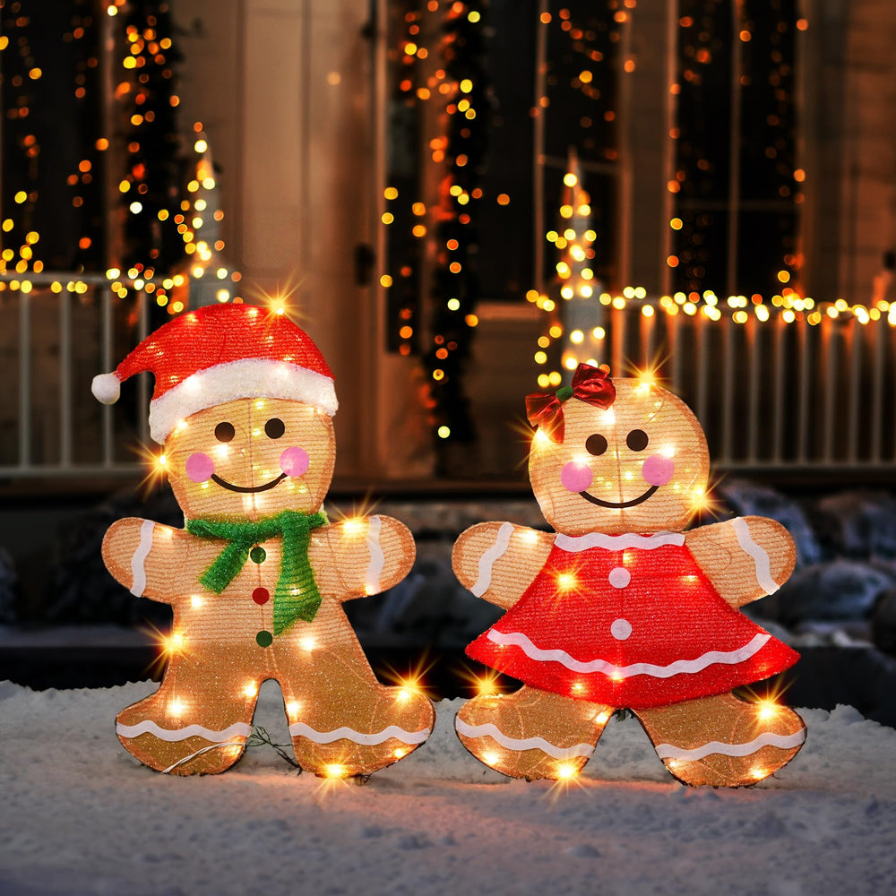 Dazzle Bright front view two-piece gingerbread men glowing, adds festive curb appeal