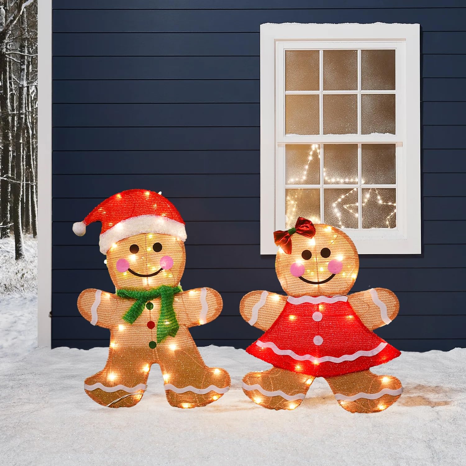 Dazzle Bright gingerbread men on lawn beside mailbox, shows true size and scale