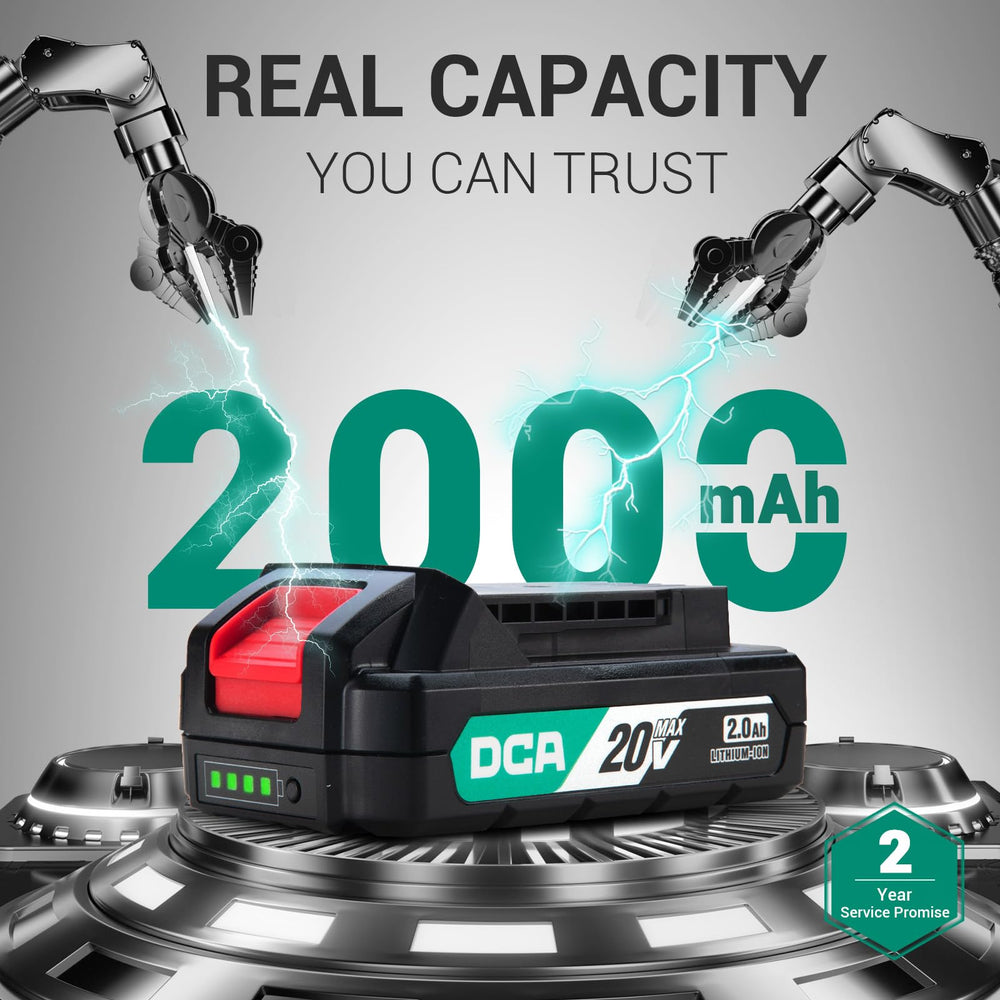 DCA 2.0Ah battery and 20V charger together providing longer runtime and convenient recharging