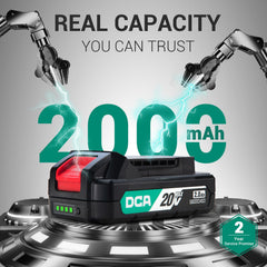 DCA 2.0Ah battery and 20V charger together providing longer runtime and convenient recharging