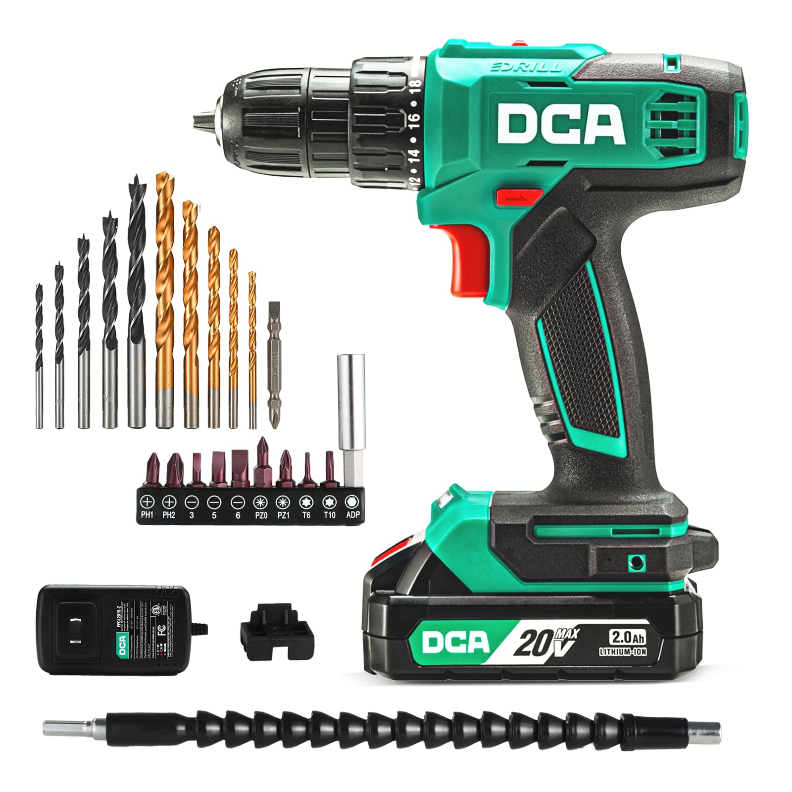 DCA ADJZ2035 front view showing compact drill and included bits for versatile projects