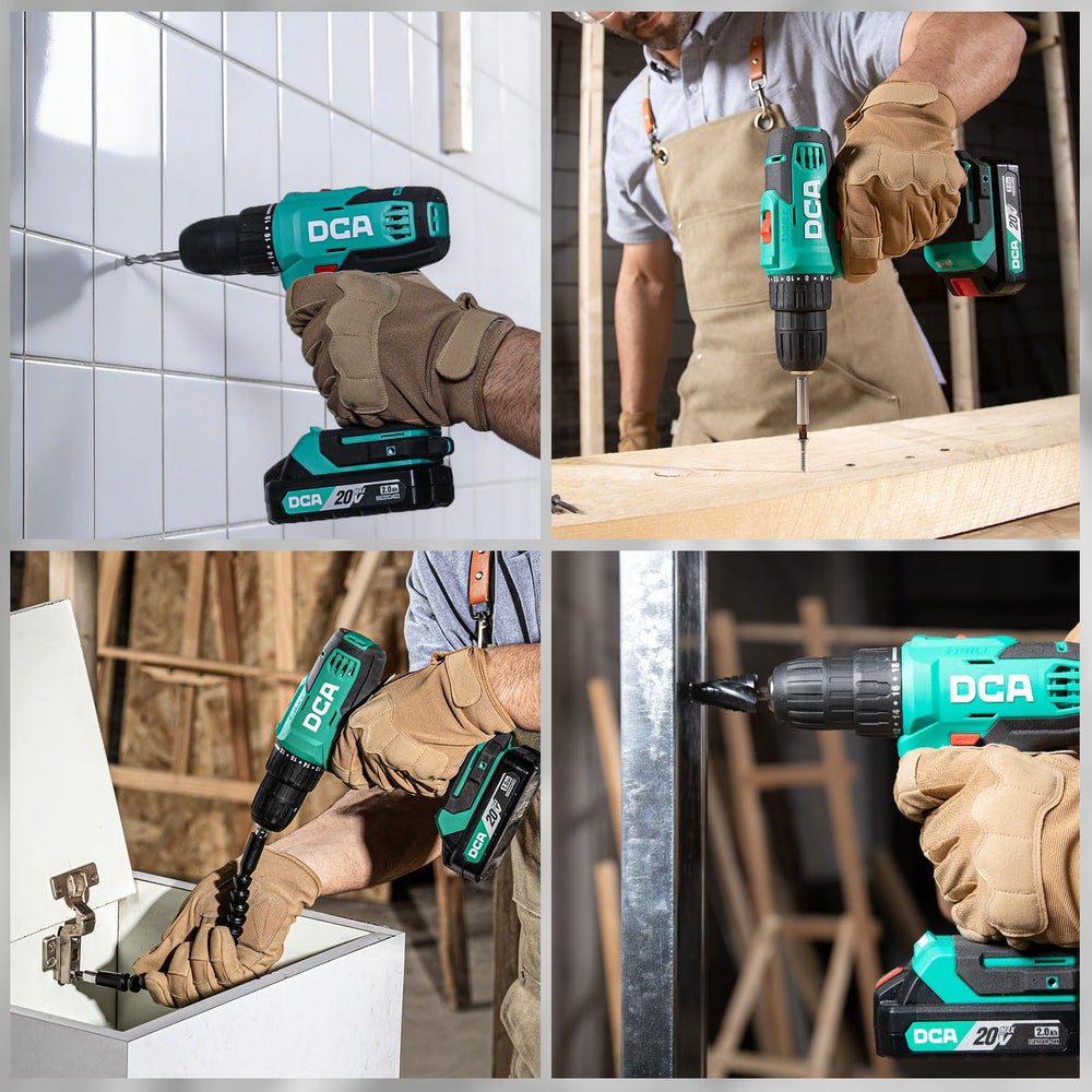 DCA lifestyle shot on workbench demonstrating drill use in home renovation projects