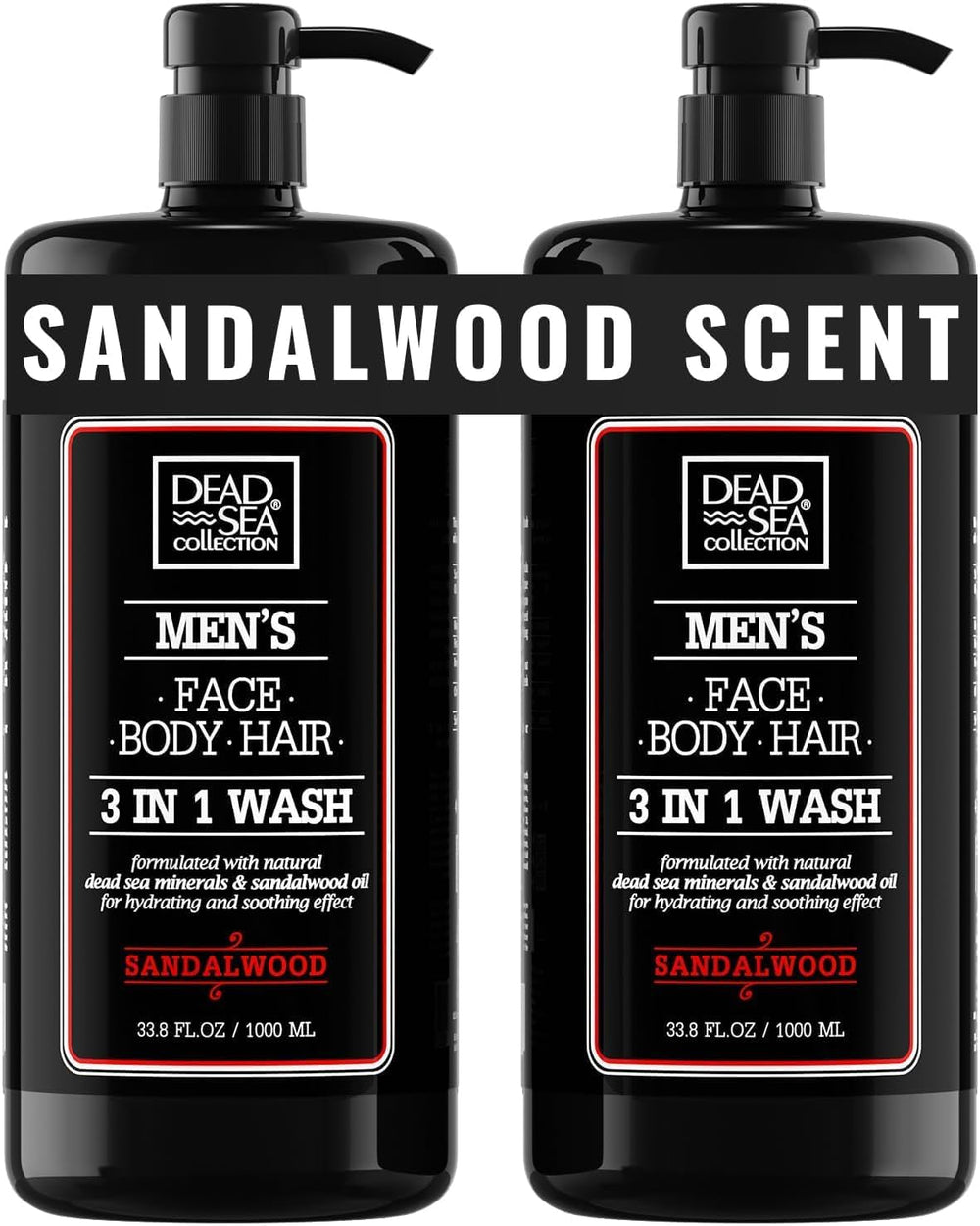 Dead Sea Collection front packaging showing sandalwood 3-in-1 benefits