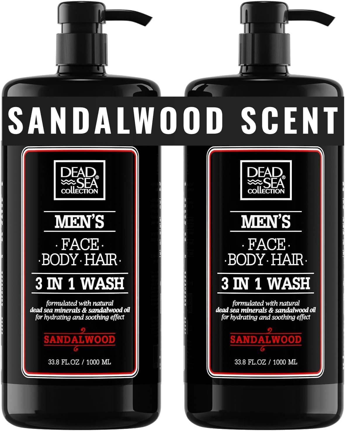 Dead Sea Collection front packaging showing sandalwood 3-in-1 benefits