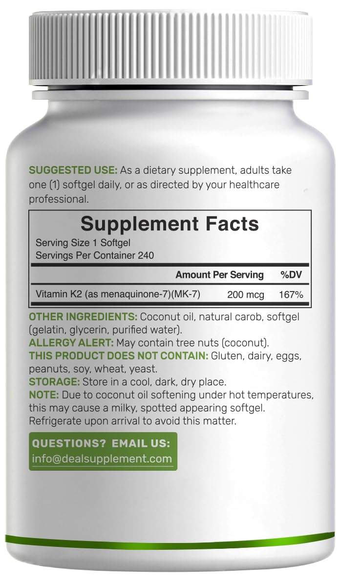 Deal Supplement nutrition label close-up displaying MK-7 200mcg per serving
