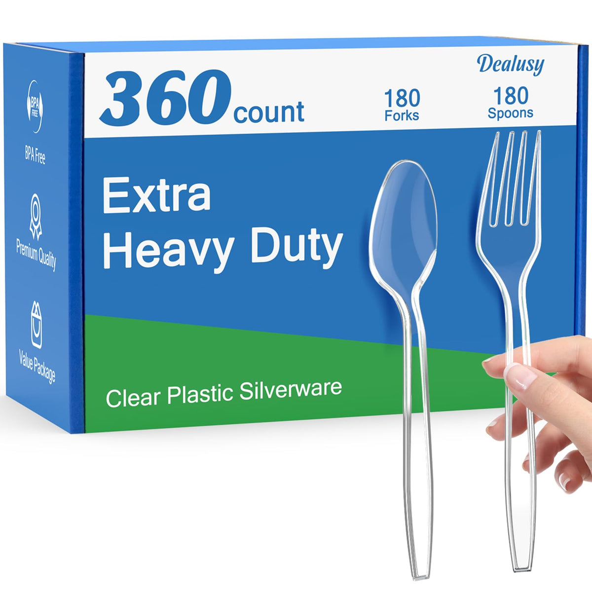 Dealusy clear packaging front view showing 360-count for easy event planning
