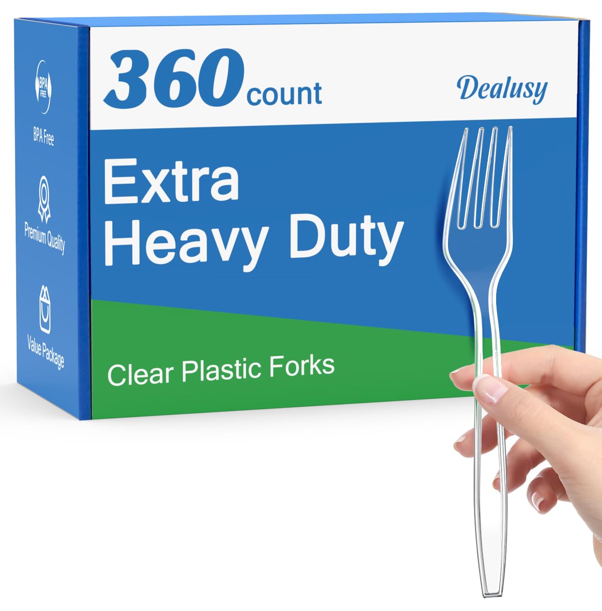 Dealusy front packaging showing the 360-count clear forks and convenience
