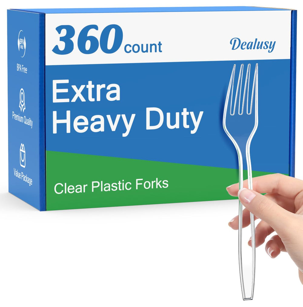 Dealusy front packaging showing the 360-count clear forks and convenience