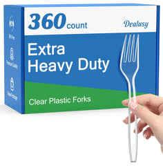 Dealusy front packaging showing the 360-count clear forks and convenience