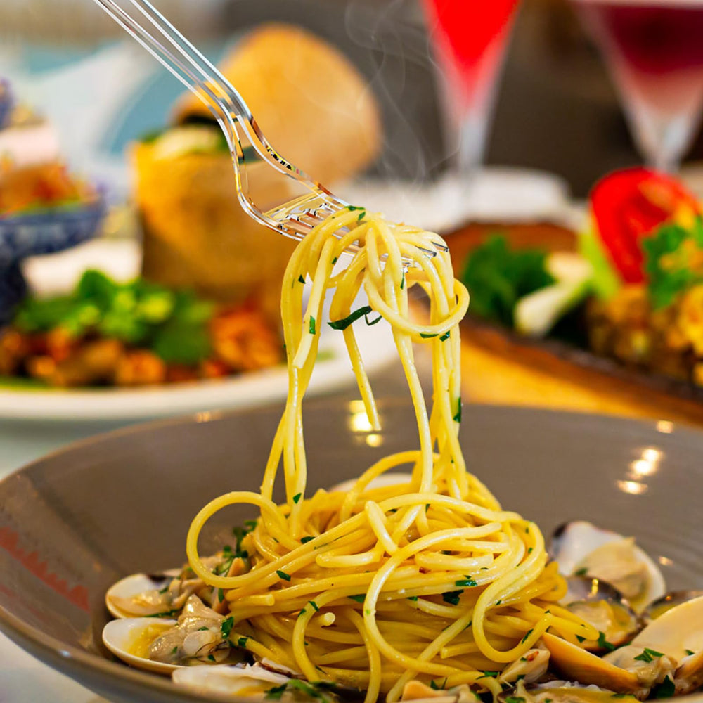 Dealusy clear utensils styled on table setting for coordinated presentation