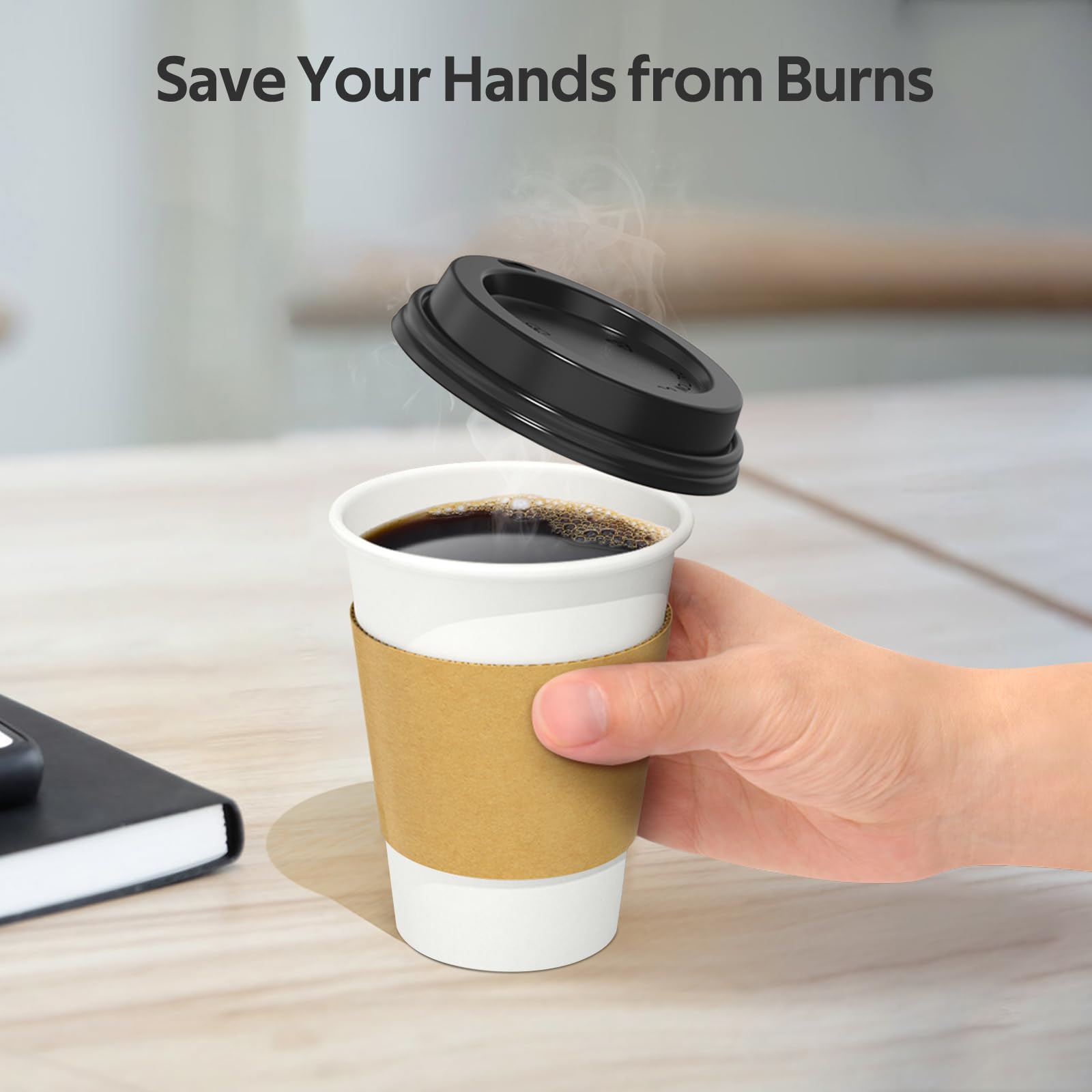 Dealusy 12 oz cup with snapped sip lid demonstrating spill‑resistant seal