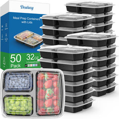 Dealusy 50-pack front view showing black containers and lids, reliable bulk supply