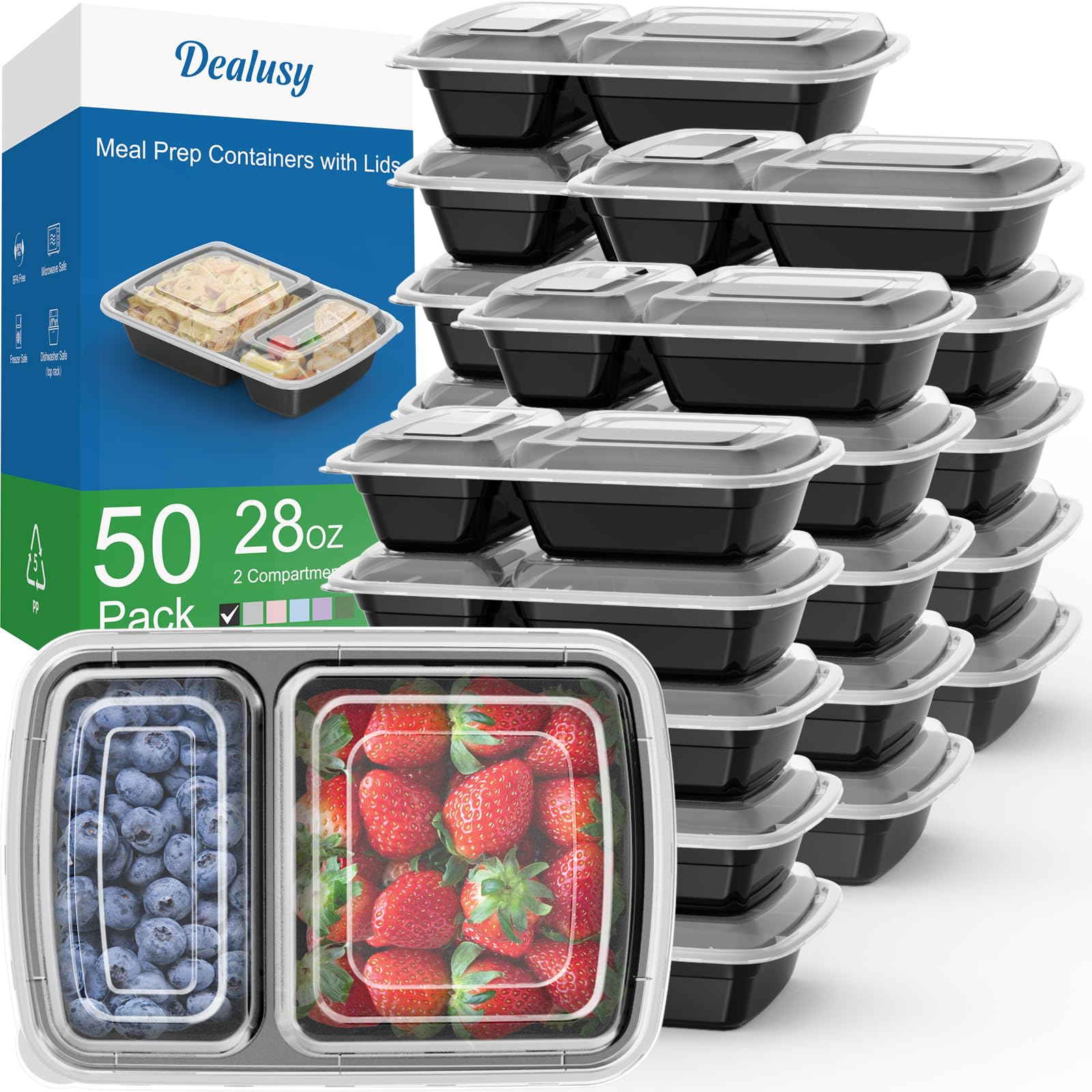 Dealusy front packaging showing 50-pack black 28oz containers and lids, dependable storage