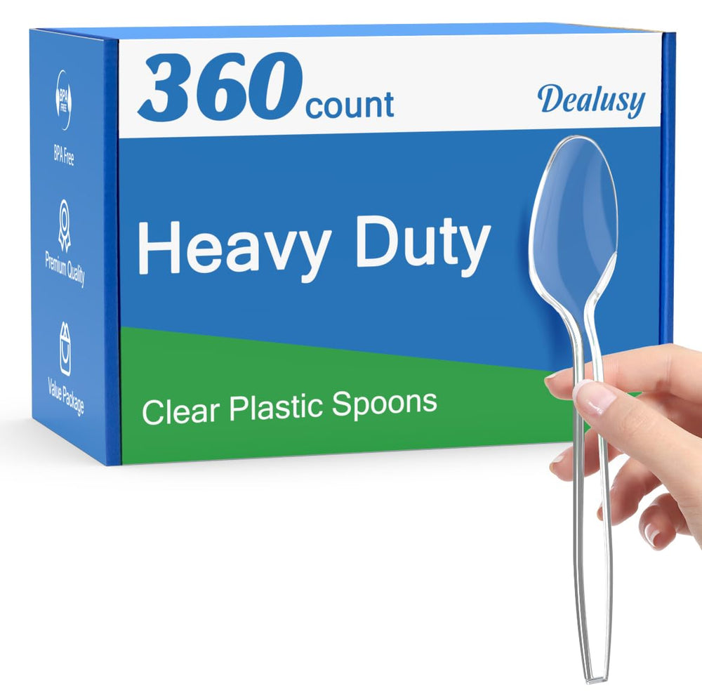 Dealusy clear plastic spoons front packaging showing count and benefit