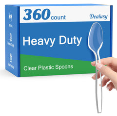 Dealusy clear plastic spoons front packaging showing count and benefit