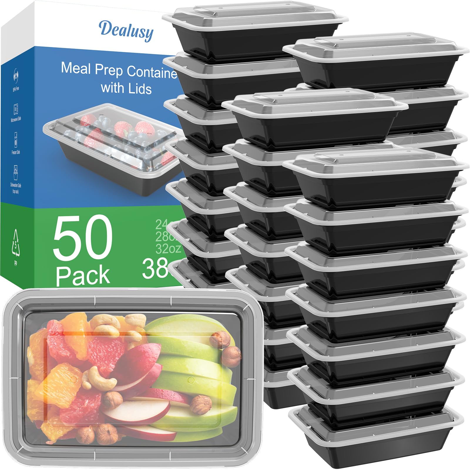 Dealusy front packaging showing 50-pack and lids, easy bulk storage benefit