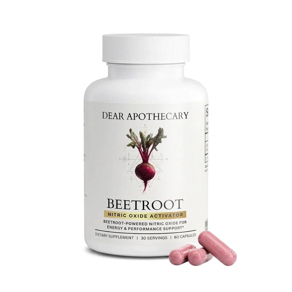 Dear Apothecary front label showing beetroot capsules and clear product benefit