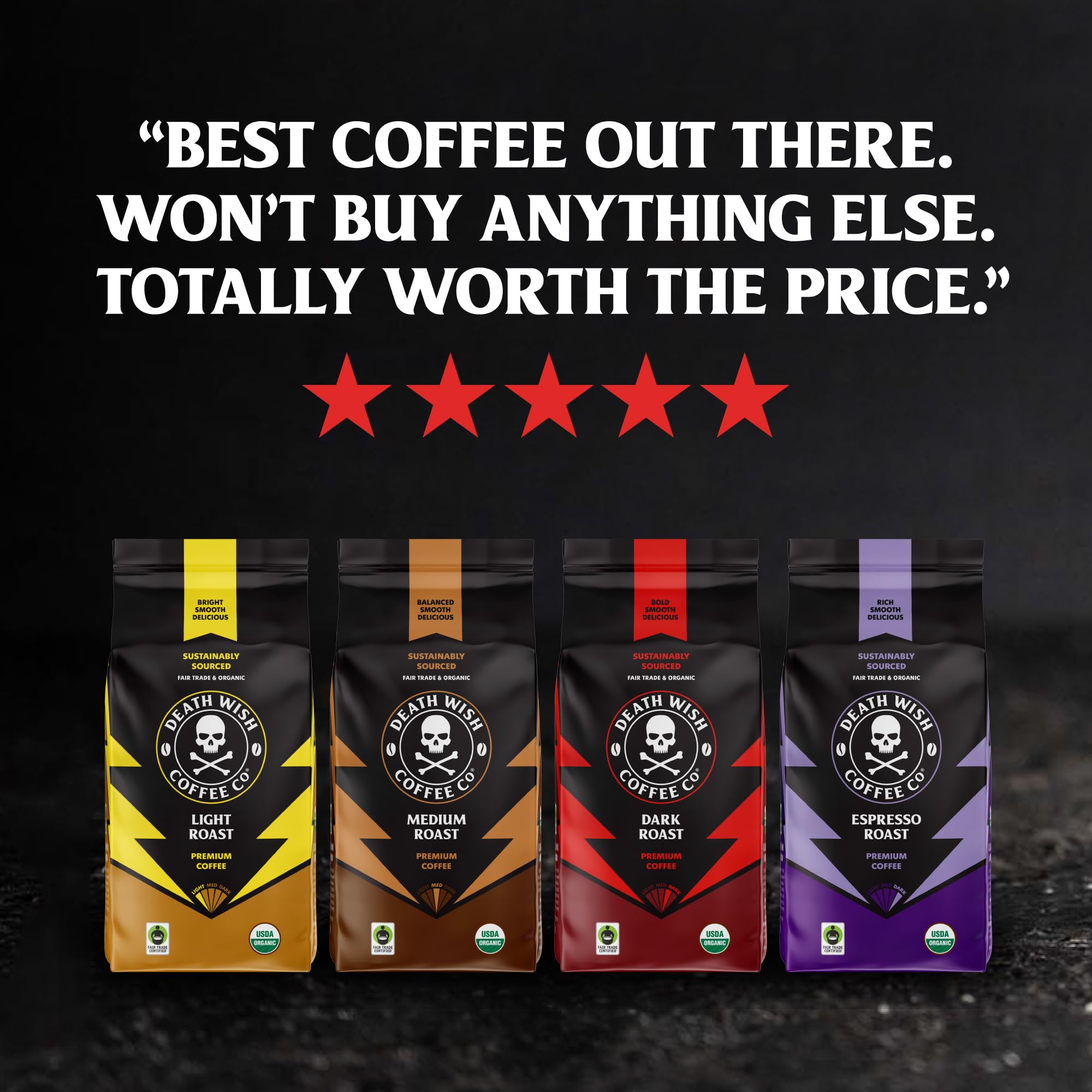 Death Wish Coffee bag back showing certifications and origin details