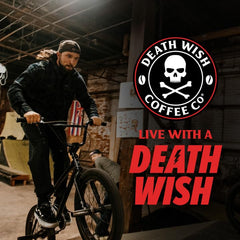 Death Wish Coffee bag label close-up showing Fair Trade and USDA Organic