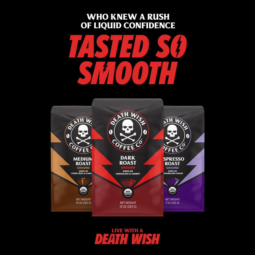 Death Wish Coffee cup beside bag in kitchen displaying ready-to-drink energy
