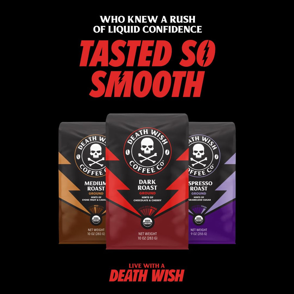 Death Wish Coffee cup beside bag in kitchen displaying ready-to-drink energy