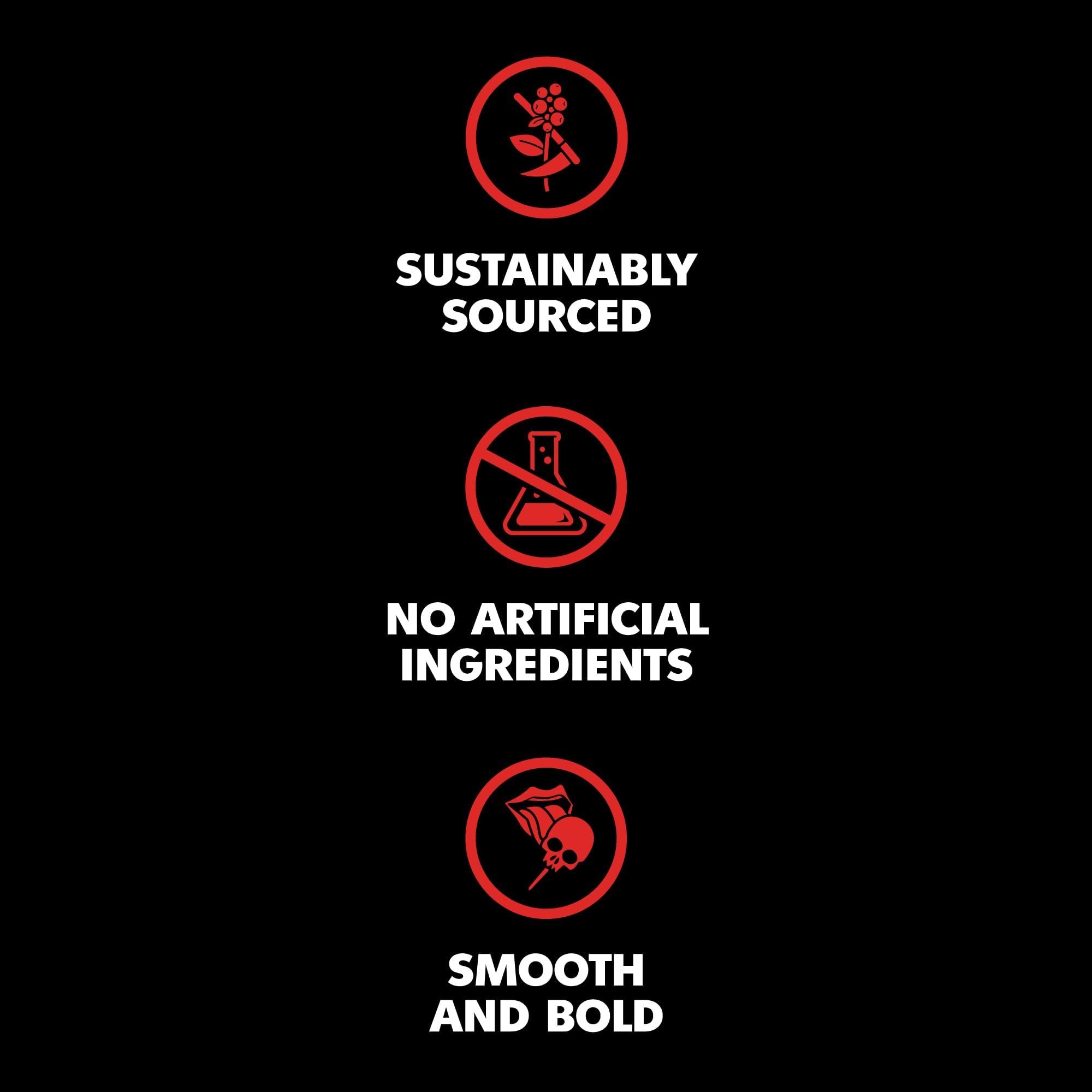 Death Wish Coffee packaging with USDA Organic and Fair Trade badges showing ethical sourcing benefit