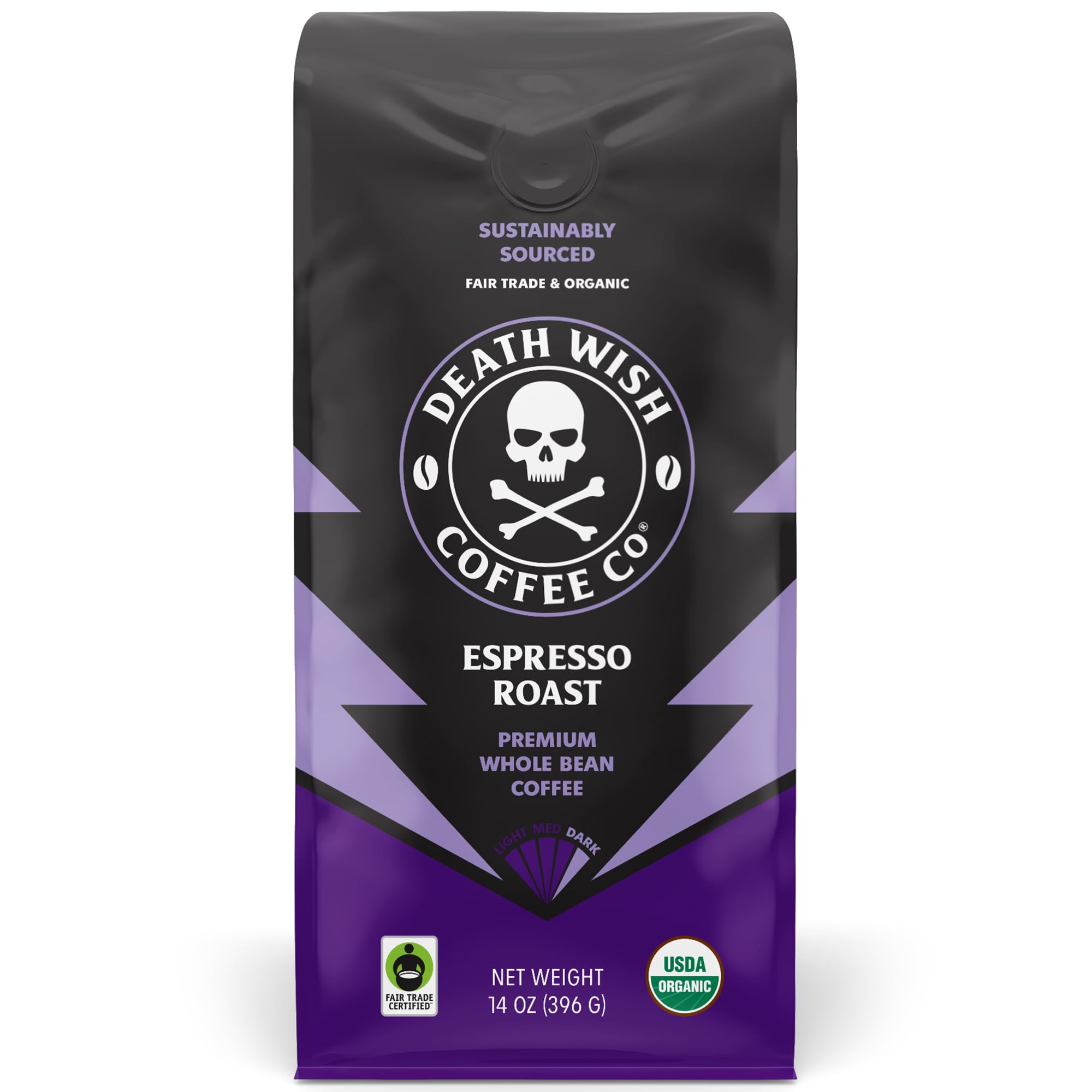 Death Wish Coffee front packaging showing bold branding and 14 oz size benefit