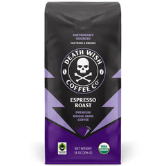 Death Wish Coffee front packaging showing bold branding and 14 oz size benefit