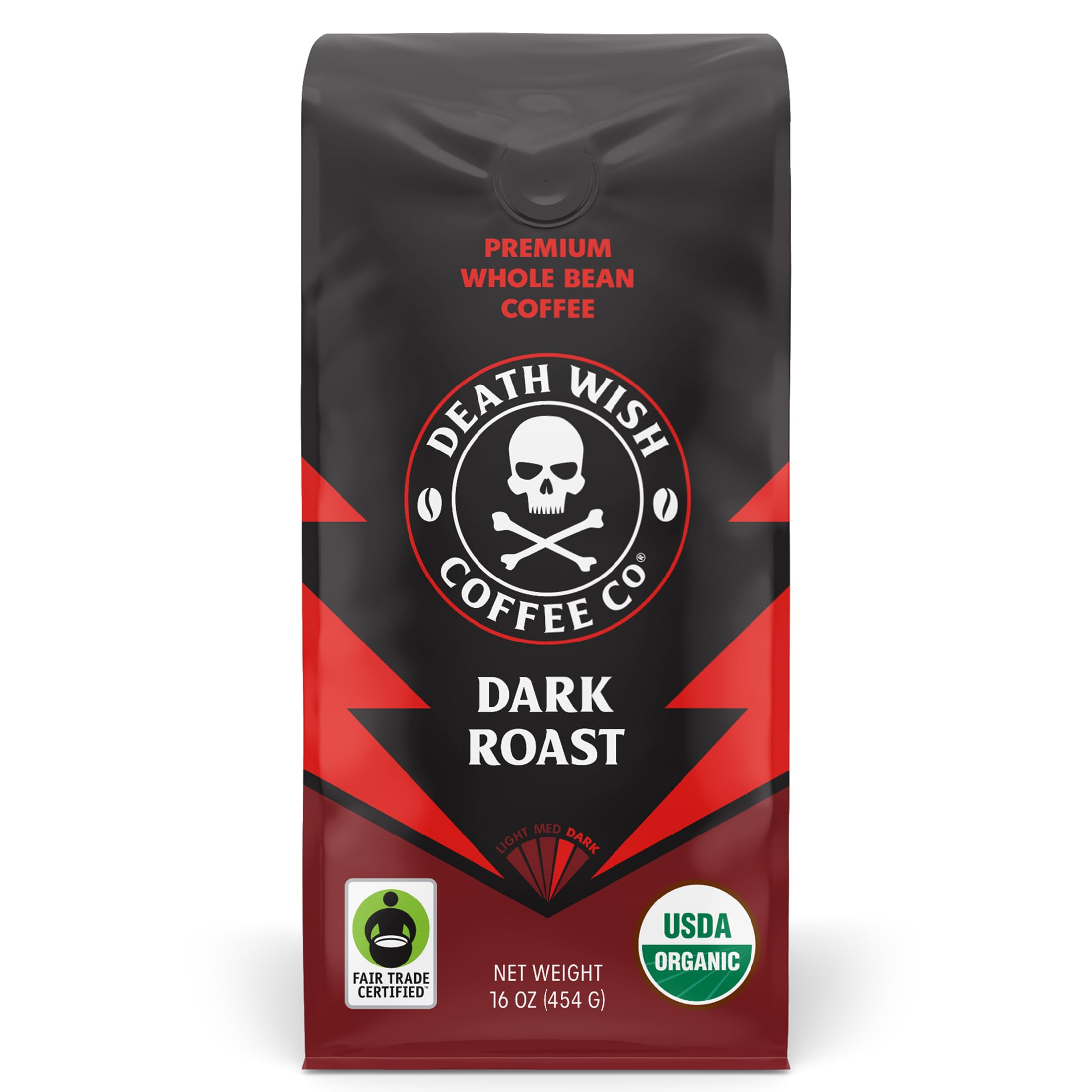 Death Wish Coffee front of bag showing bold branding and organic badge