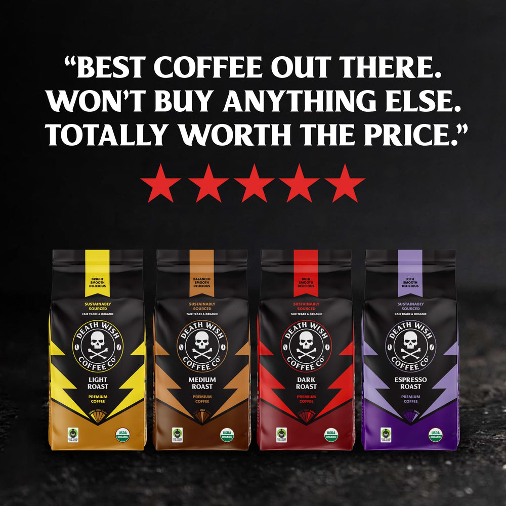 Death Wish Coffee brewed 6oz cup poured with crema showcasing bold color and smooth body