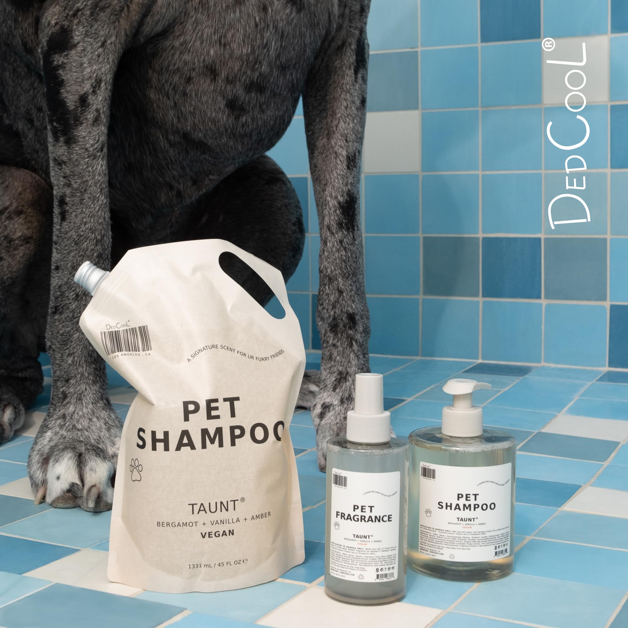 DedCool bottle beside pet bed in living room showing home-freshening benefit