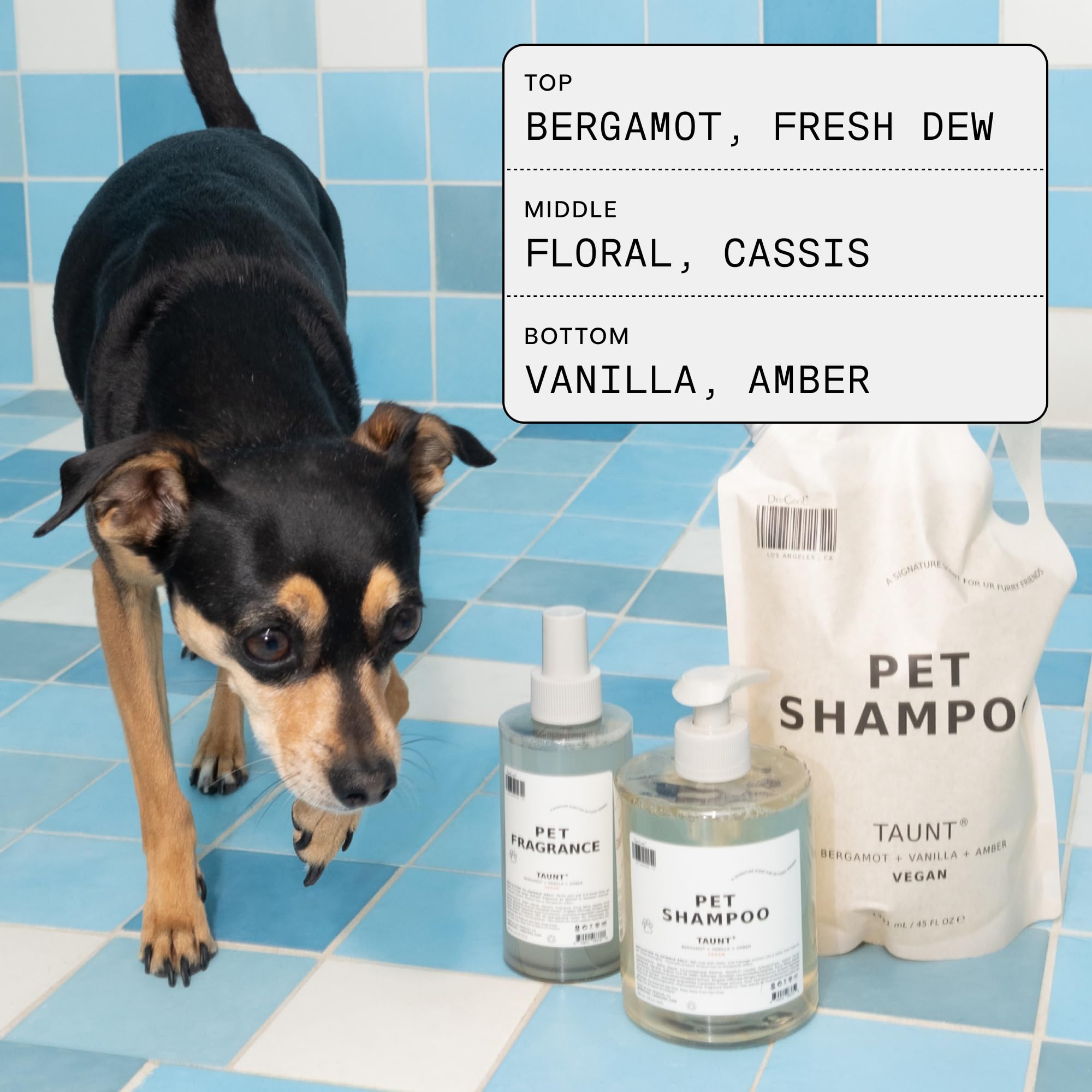 Dog being sprayed with DedCool for quick refresh and odor control benefit