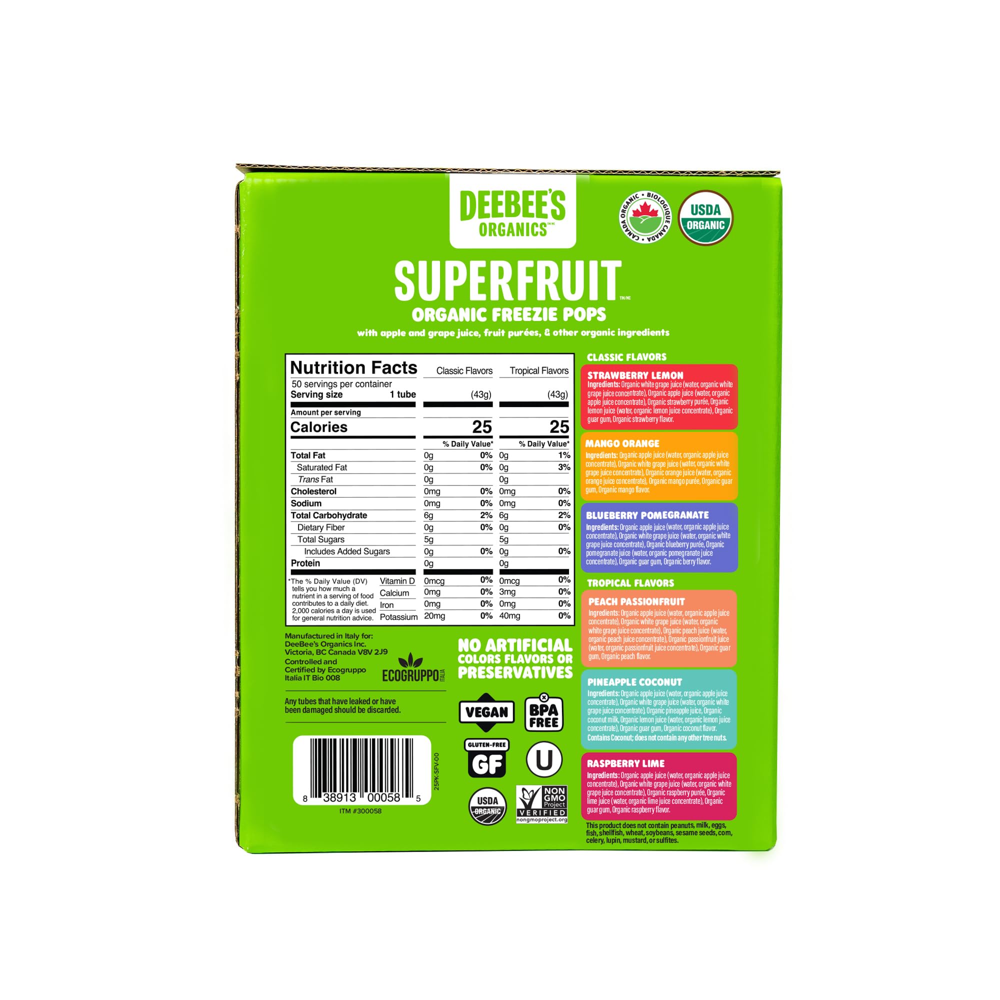 DeeBee's lineup of six flavor pouches displaying colorful fruit variety