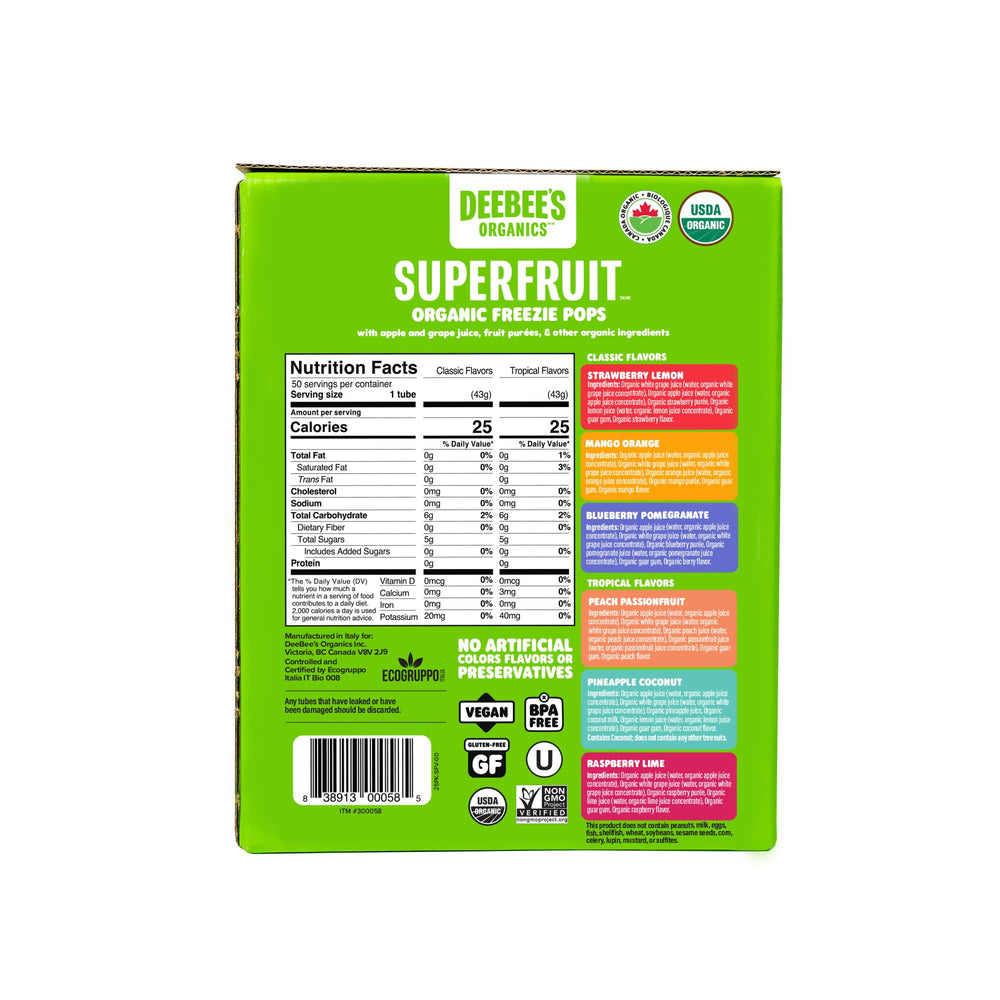 DeeBee's lineup of six flavor pouches displaying colorful fruit variety
