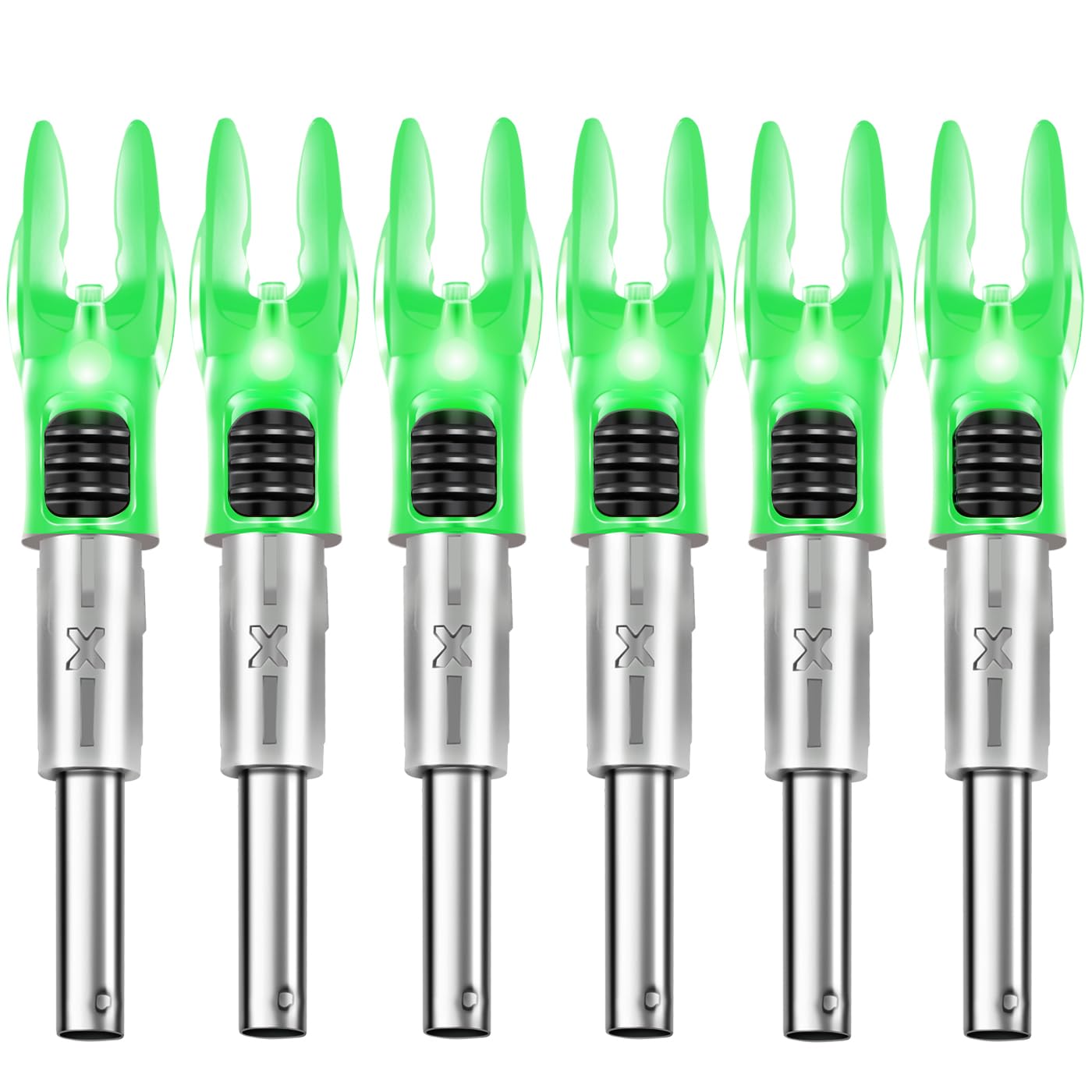 DEEPOWER X front view of 6-pack showing green nocks and packaging, clear product ID and convenience