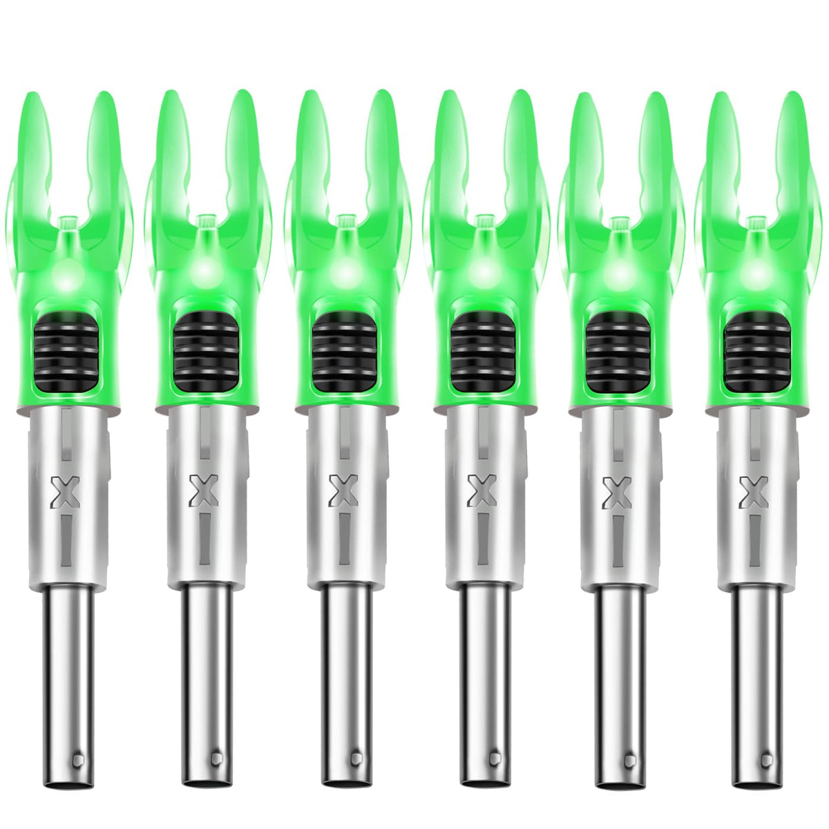 DEEPOWER X front view of 6-pack showing green nocks and packaging, clear product ID and convenience