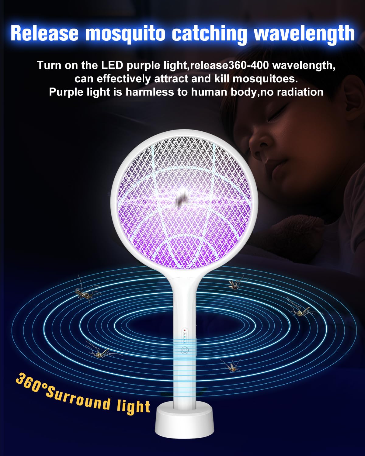 DEEZEE racket docked on base showing USB charging and passive purple mosquito lamp