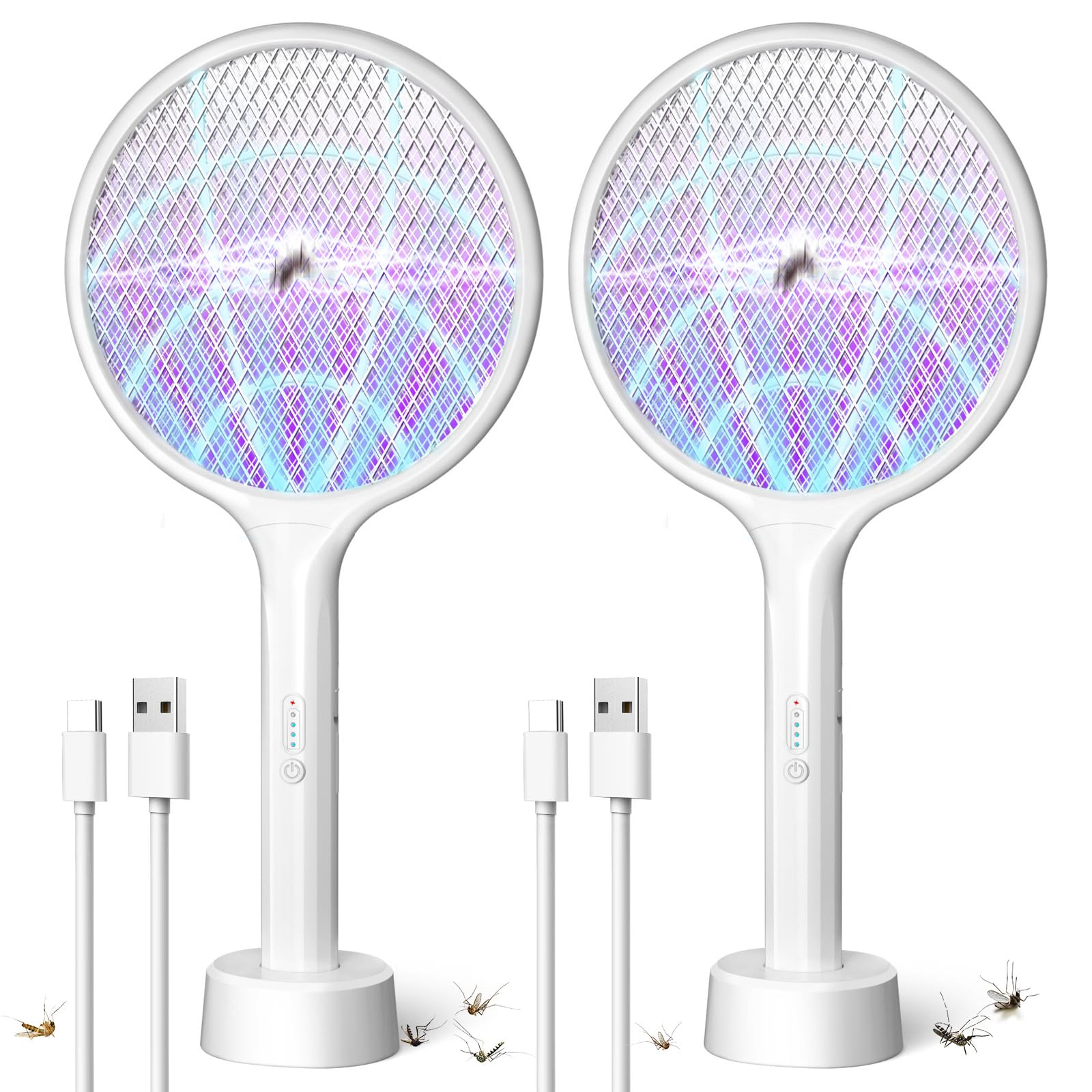 DEEZEE front view of 2-pack dual-mode zapper showing both rackets and base for convenient storage