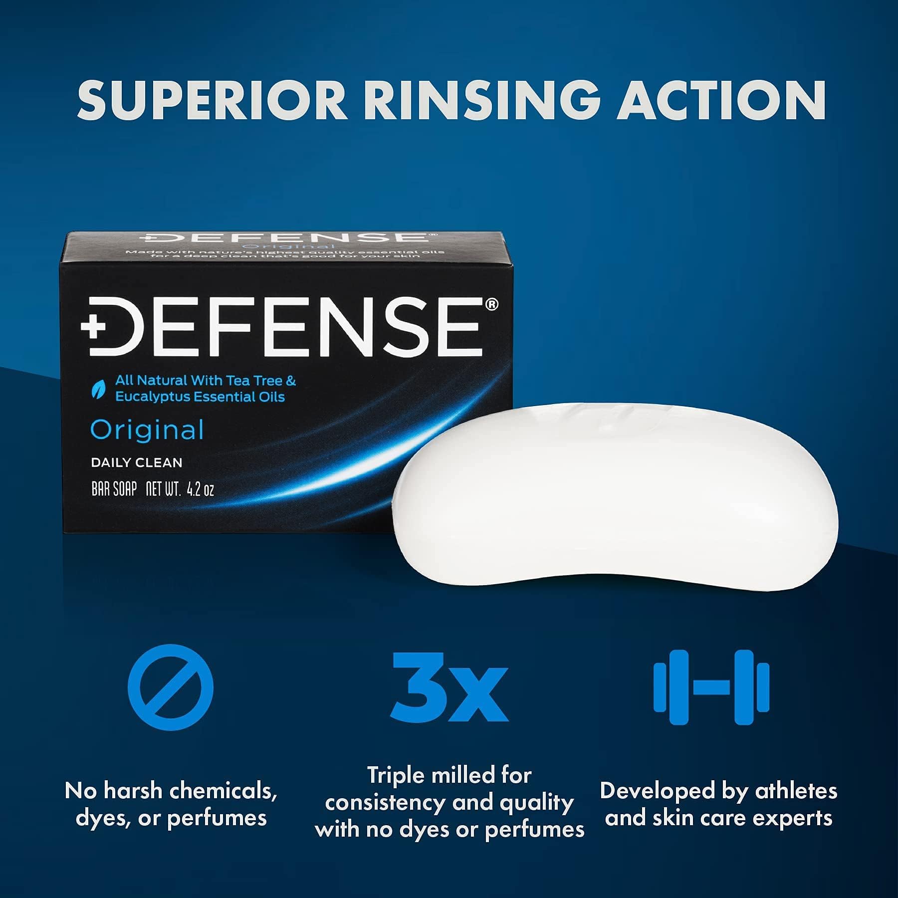 Defense Soap stacked bars cutaway showing triple-milled density for lasting use