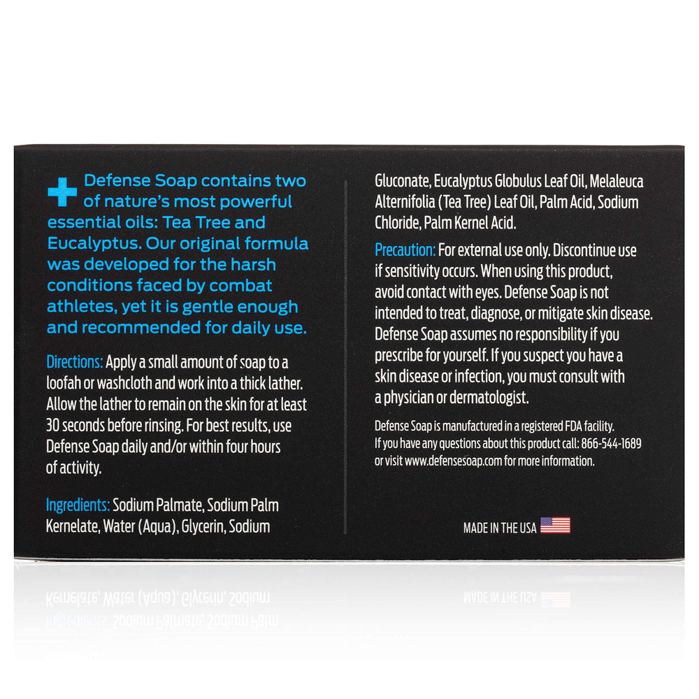 Defense Soap label and ingredient panel emphasizing natural, free-and-clear formulation