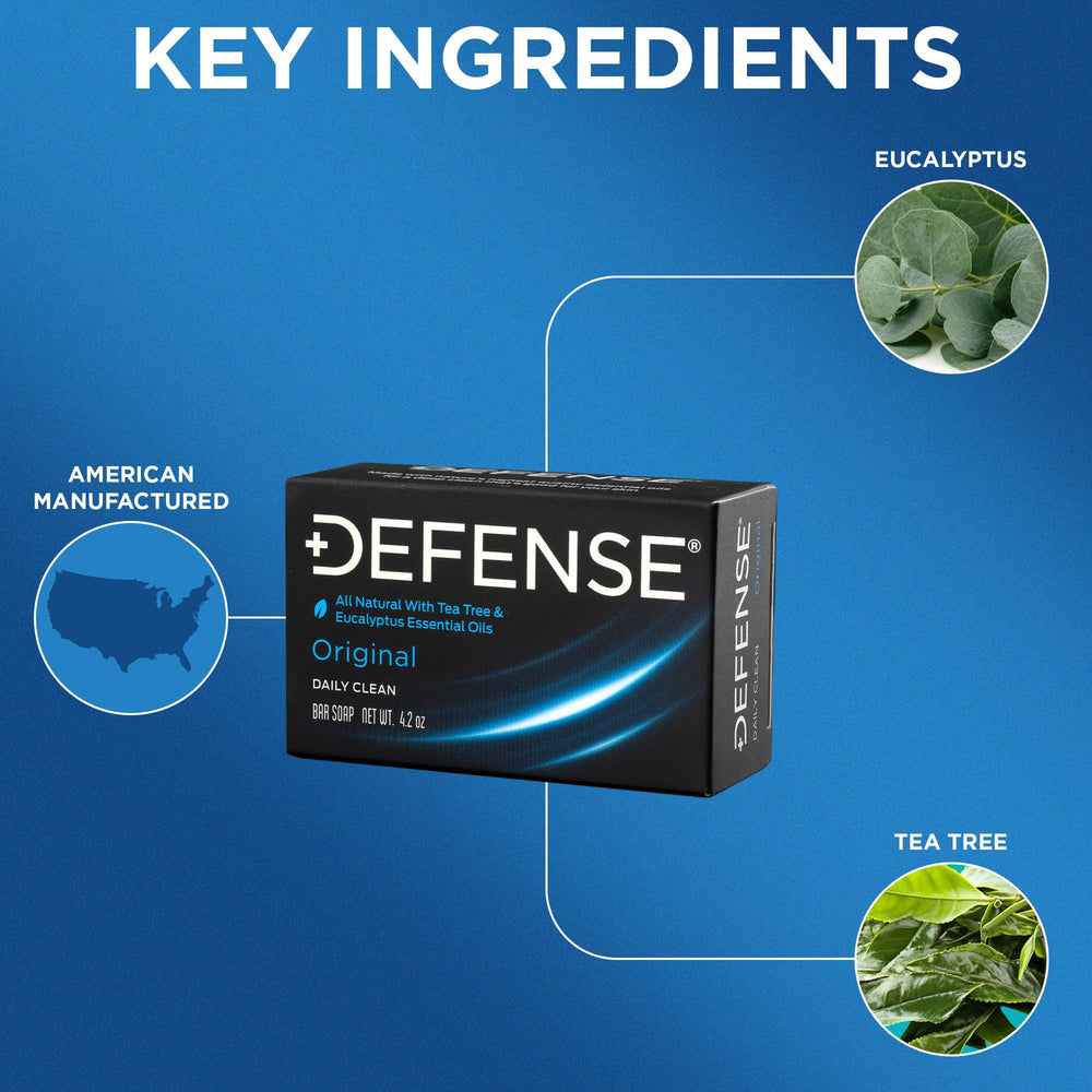 Defense Soap single bar close-up showing dense triple-milled texture and longevity