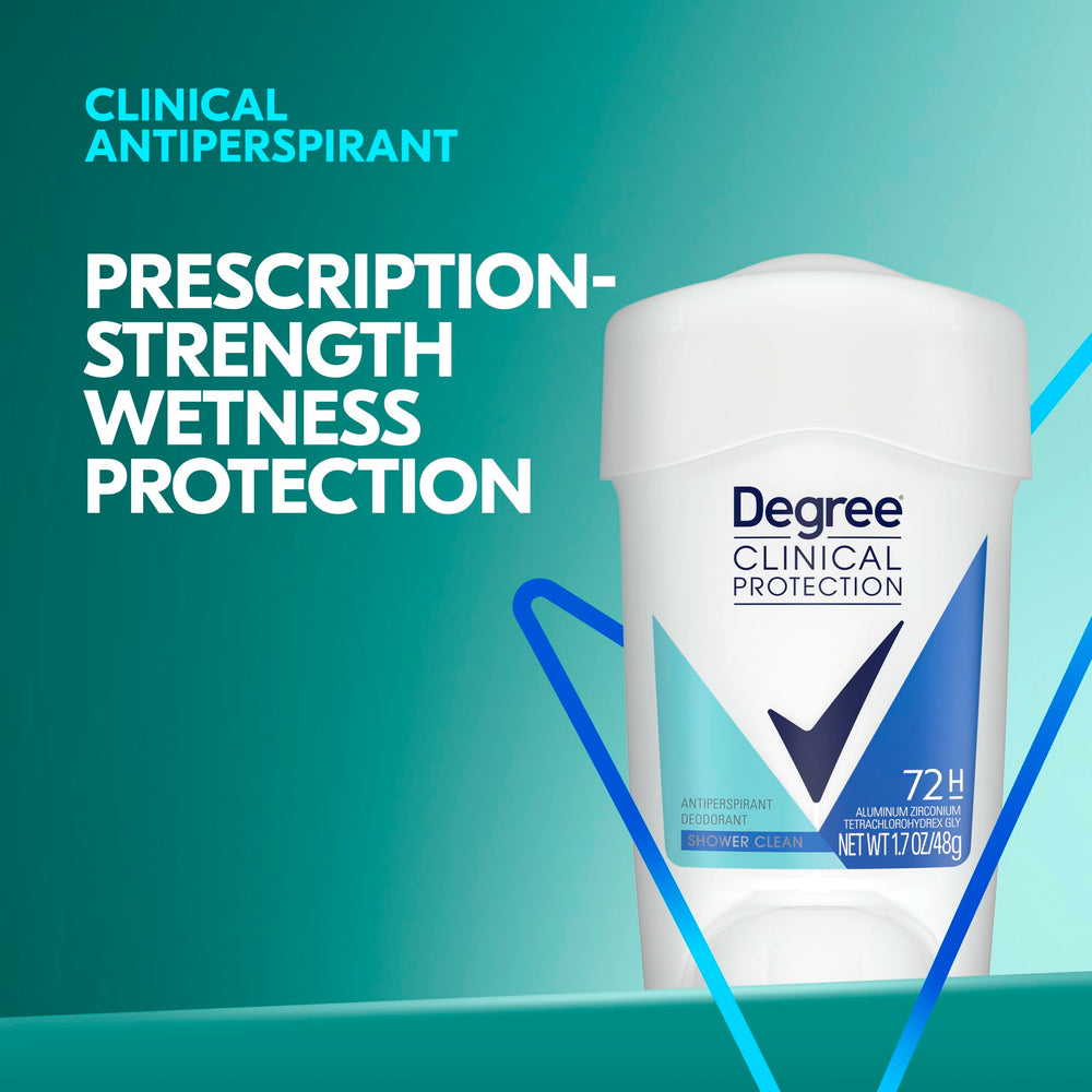 Three-pack of Degree Clinical stacked to show quantity and travel readiness