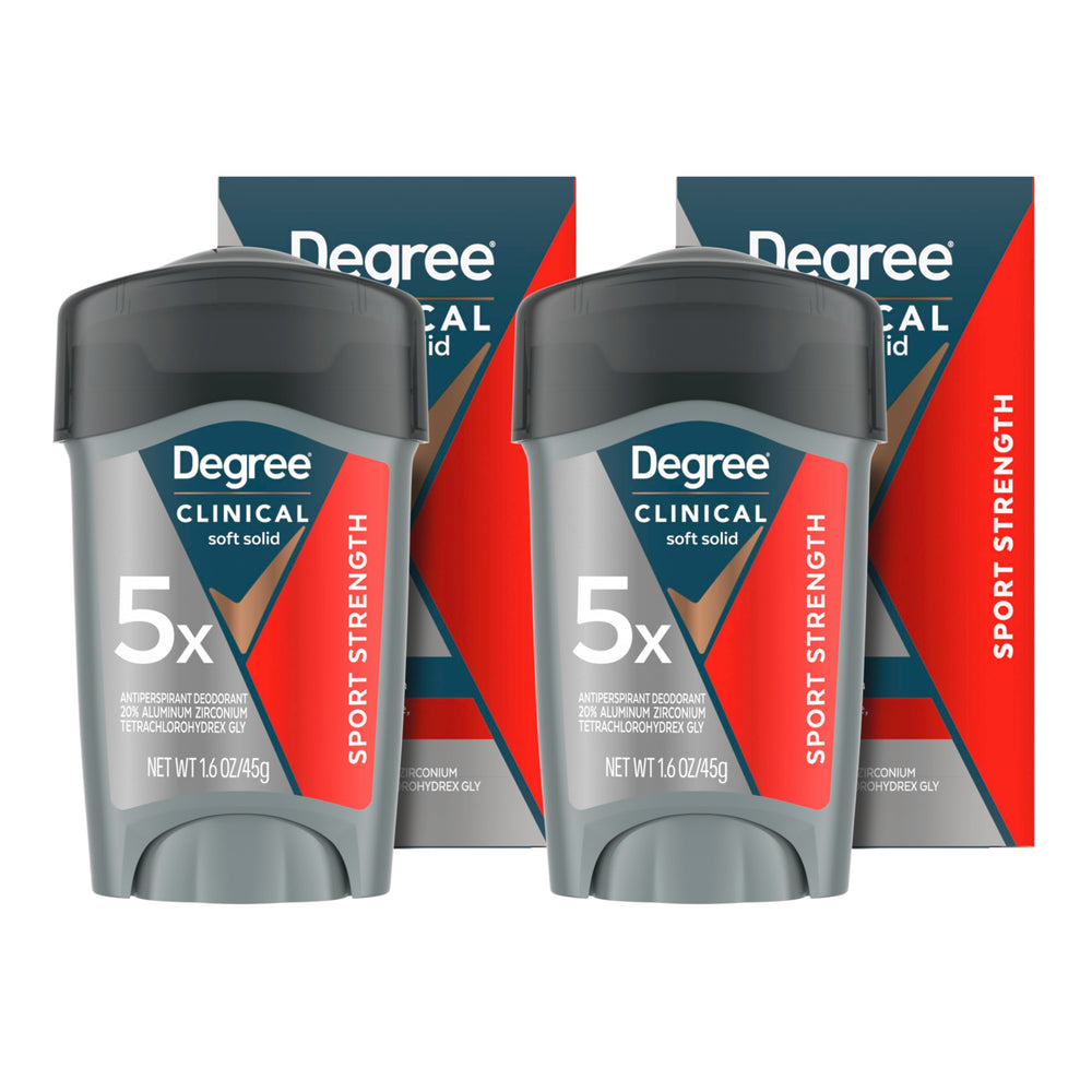 Degree Clinical 5X front packaging showing two soft solid sticks, confident protection