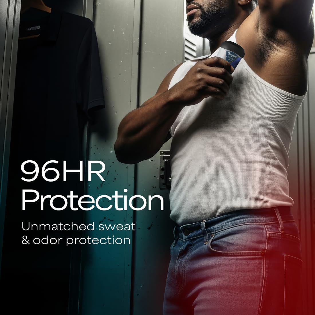 Degree Clinical product label close-up highlighting 96-hour protection and sport strength