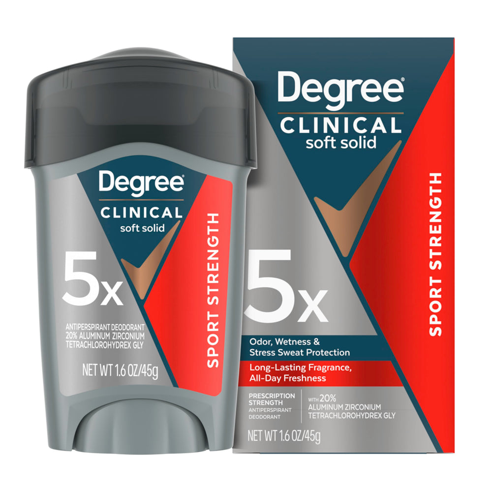 Degree Clinical two-pack on bathroom counter lifestyle shot conveying everyday readiness